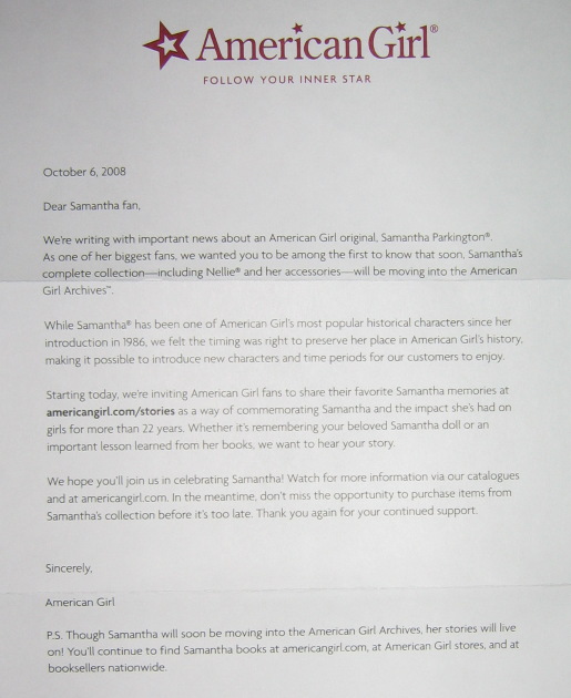 A letter from American Girl explaining that Samantha is moving into the American Girl Archives.